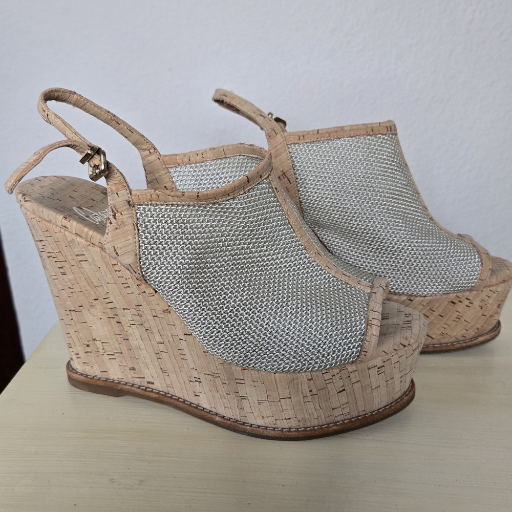 Castaner Tan and Silver Wedge Sandals with Cork Heel